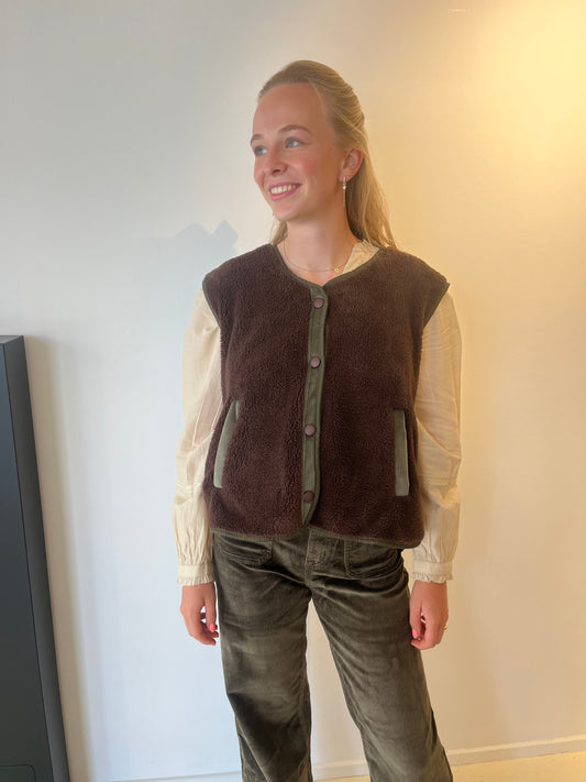 ELISE TEDDY GILET CHOCOLAT MET KAKI