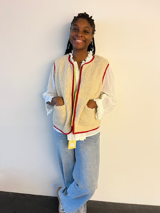 Bodywarmer teddy beige/rood omkeerbaar